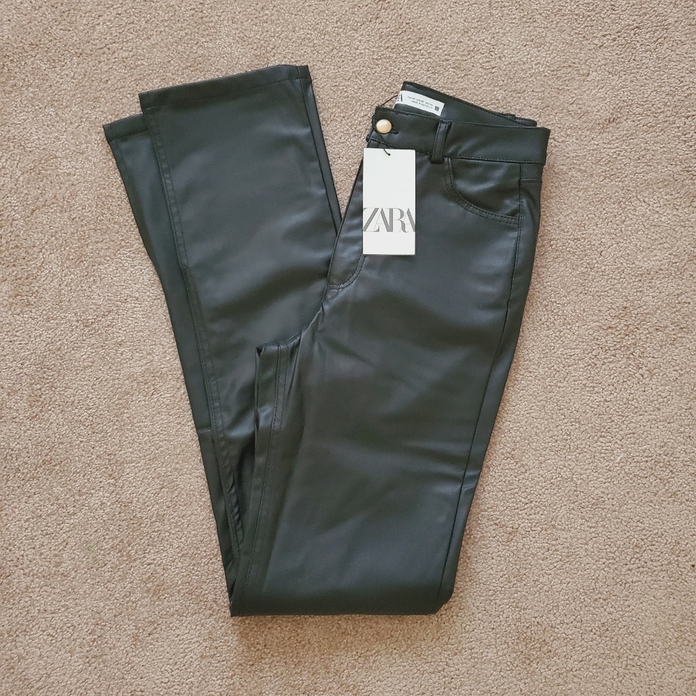 Zara Extra Long Faux Leather Straight Leggings Pants Ankle Slit - Picture 9 of 11